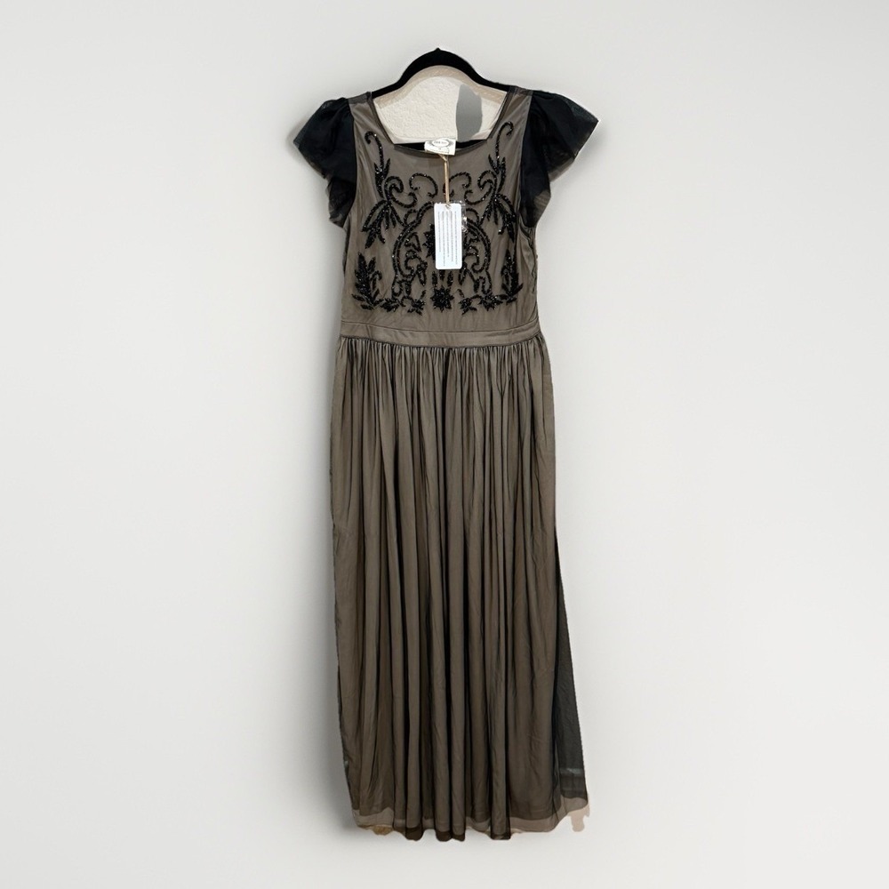NWT Mia Joy Arwen Maxi Dress Gray Beaded Tulle Dark Romantic Whimsigoth Girls 14